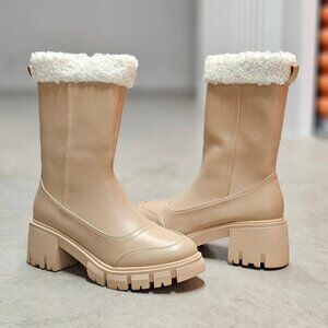 Chunky Nude Faux Leather Winter Boots With Faux Fur Lining & Block Heel